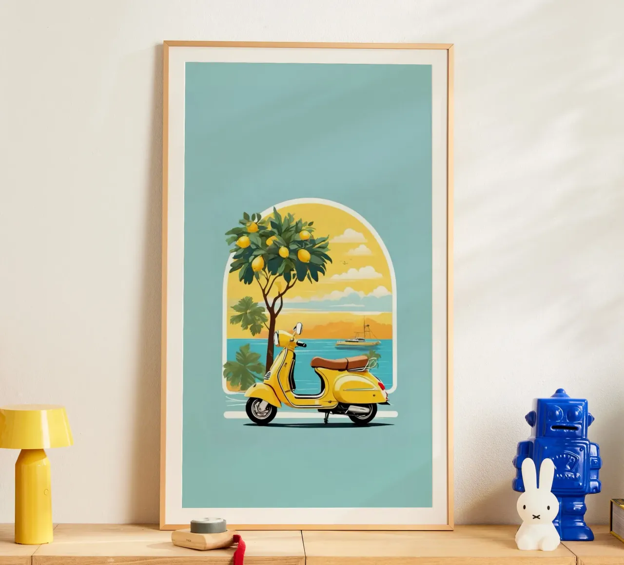 yellow bike in window poster con telaio in alluminio da panada
