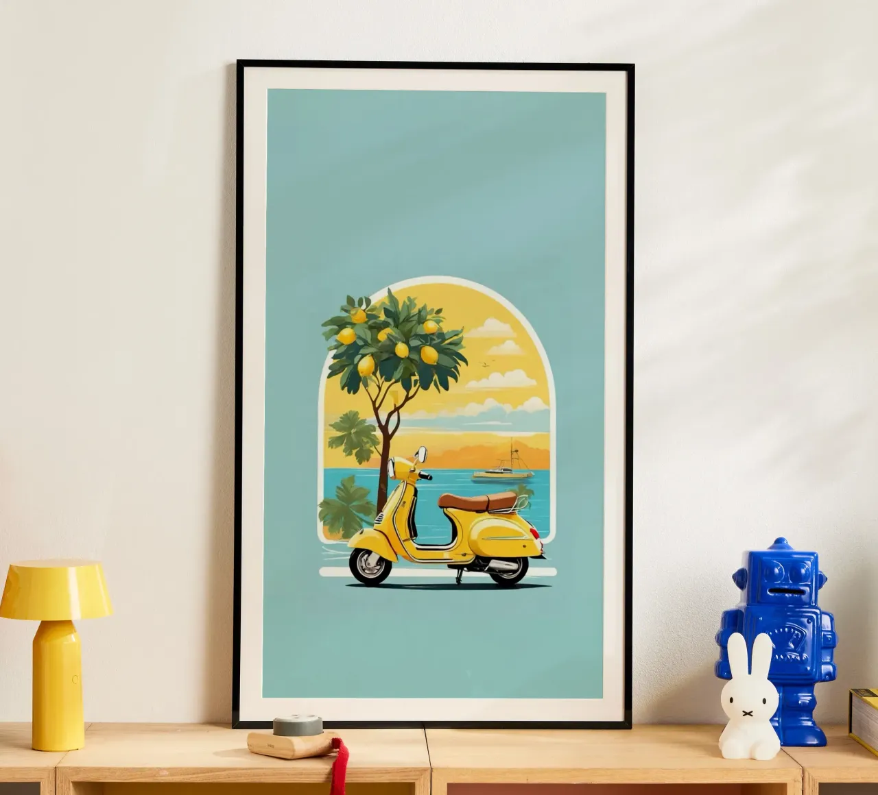 yellow bike in window poster con telaio in alluminio da panada