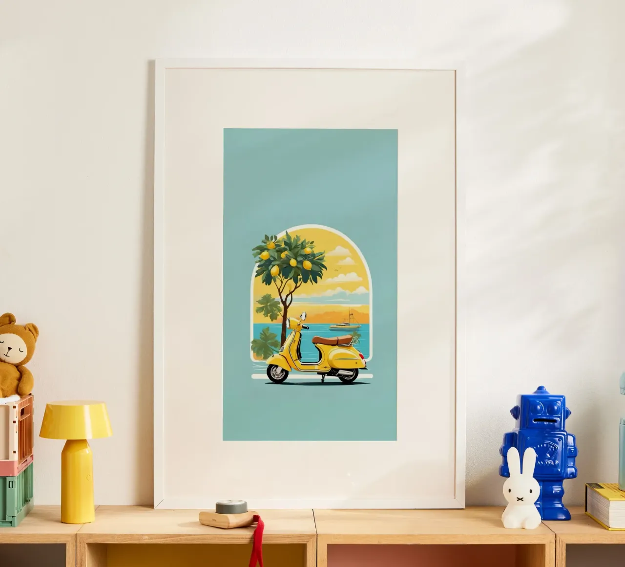 yellow bike in window poster con telaio in alluminio da panada