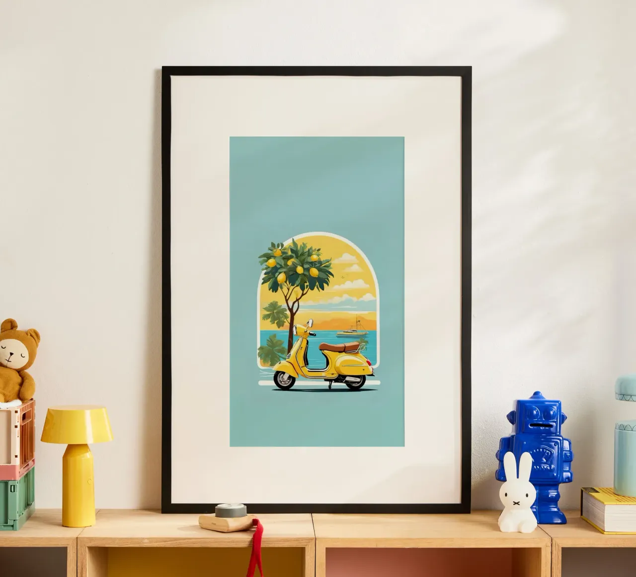 yellow bike in window poster con telaio in alluminio da panada