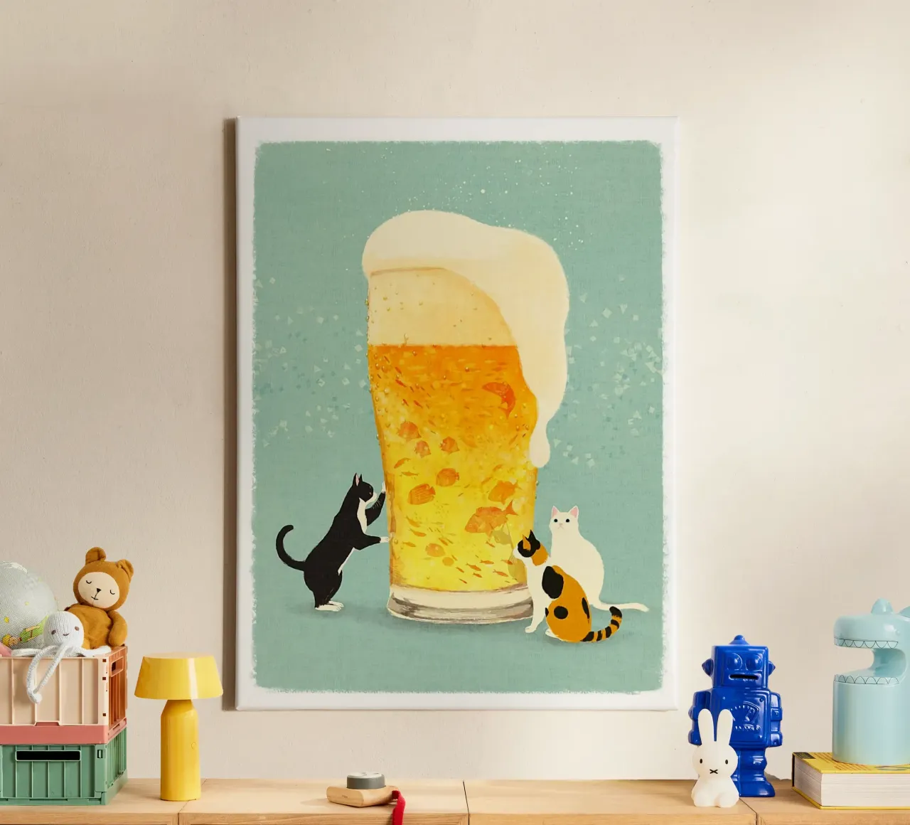 cat with beer tela con Cornice a cassetta da sunity