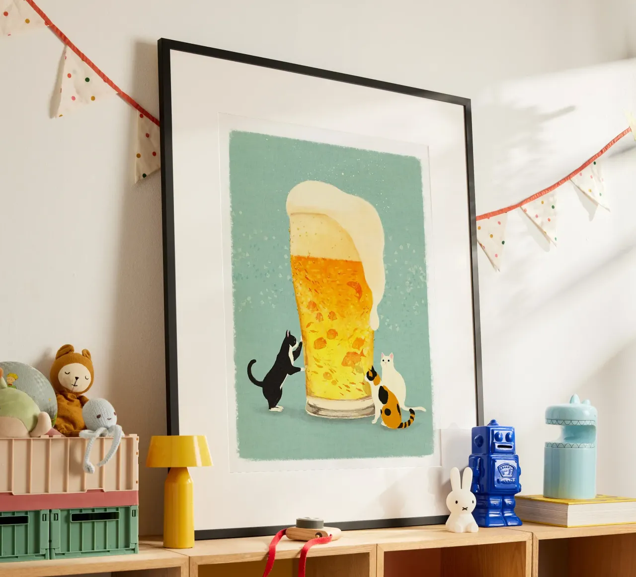 cat with beer poster con telaio in plastica da sunity