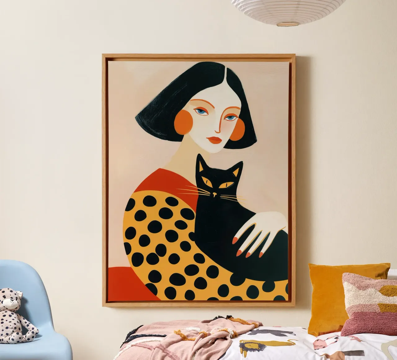 Vrouw met zwarte kat | Speelse illustratie canvas met Baklijst van Autofocus