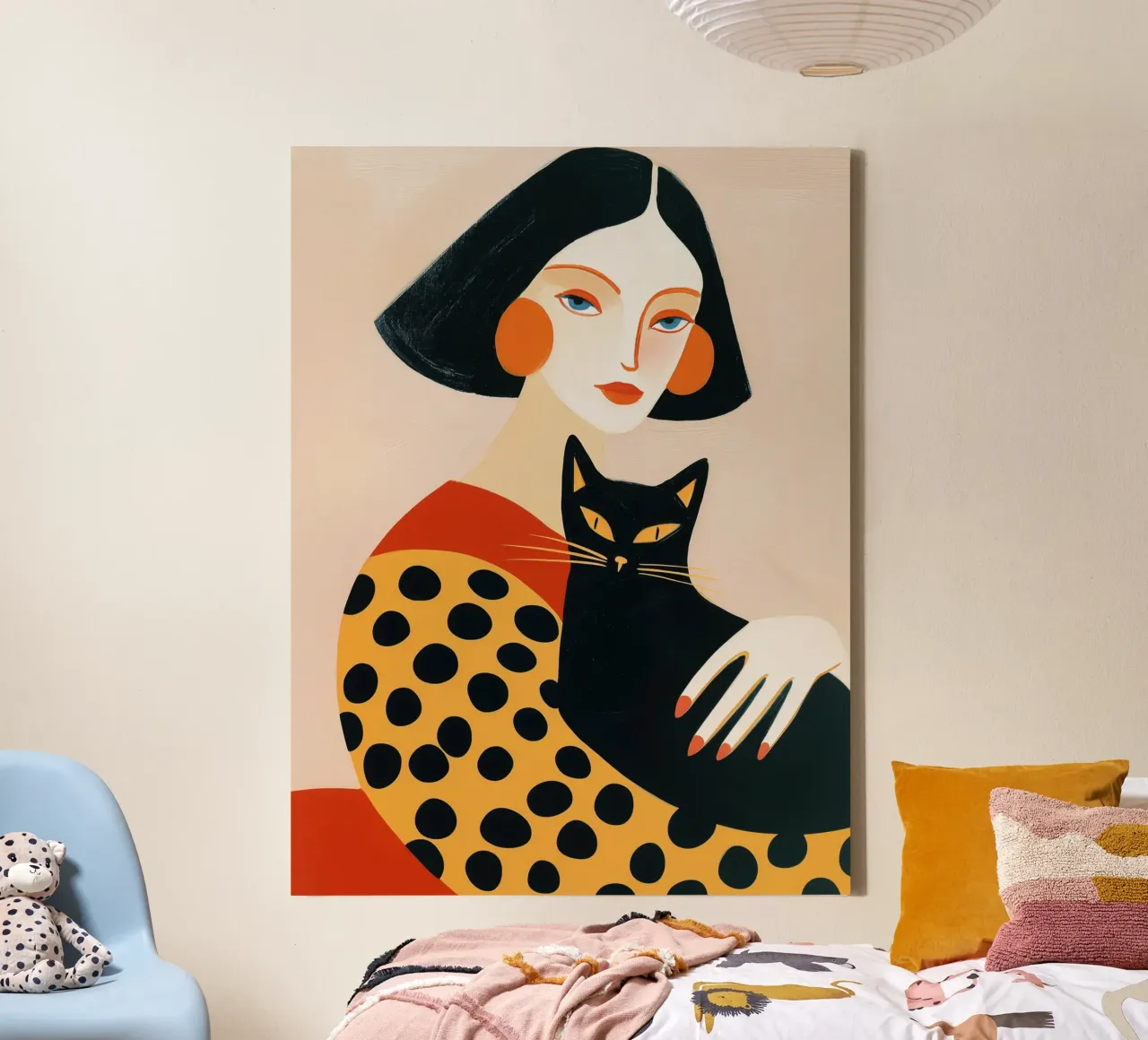 Vrouw met zwarte kat | Speelse illustratie canvas met Baklijst van Autofocus