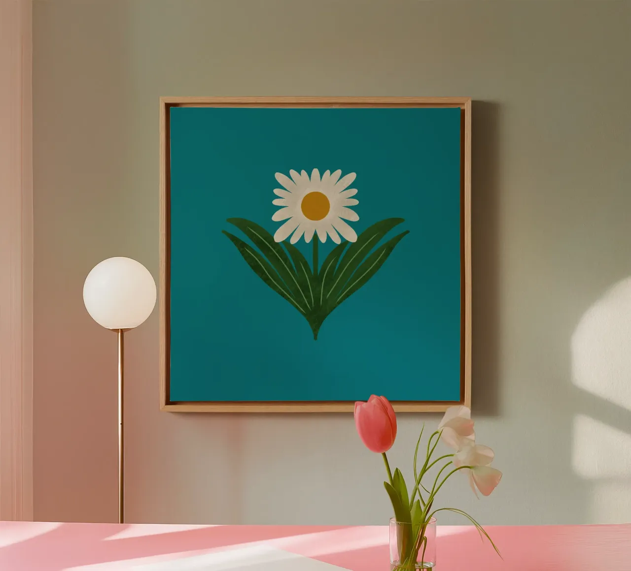 Margherita floreale retrò anni '70 su verde acqua - Mod Flower tela con Cornice a cassetta da susanacosta