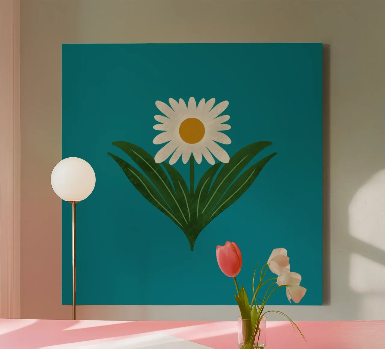 Margherita floreale retrò anni '70 su verde acqua - Mod Flower tela con Cornice a cassetta da susanacosta