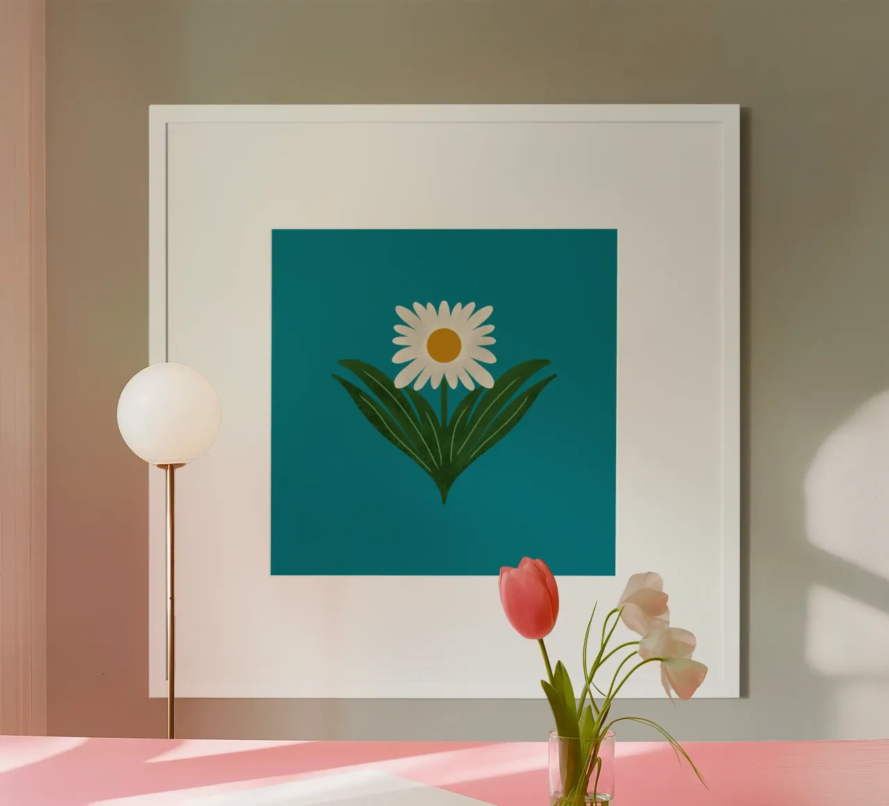 Margherita floreale retrò anni '70 su verde acqua - Mod Flower poster con telaio in alluminio da susanacosta