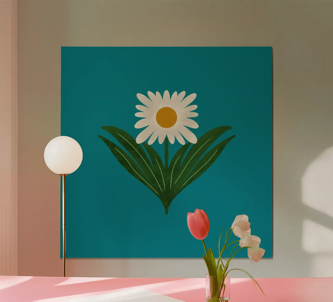 Margherita floreale retrò anni '70 su verde acqua - Mod Flower poster con telaio in alluminio da susanacosta