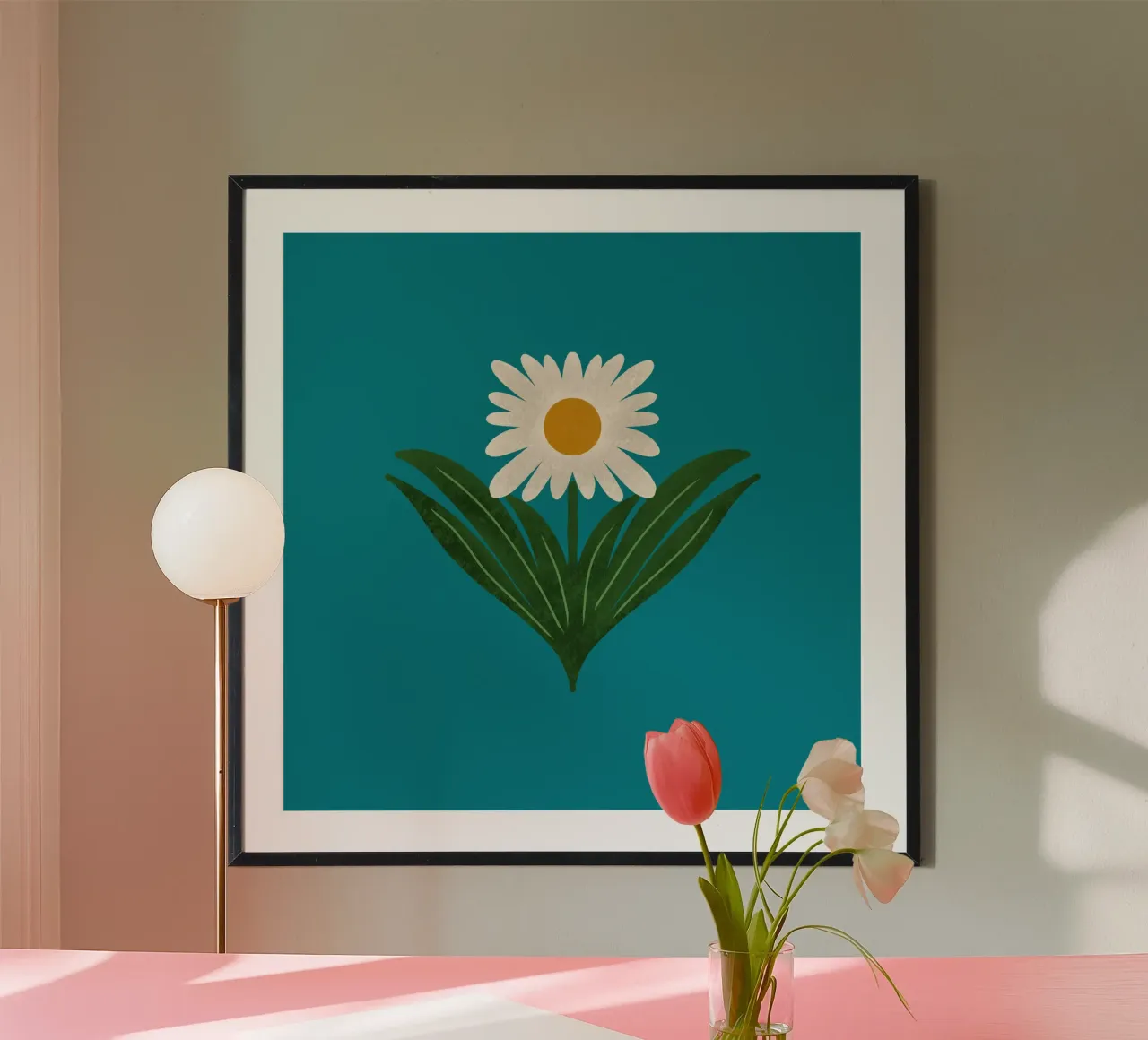 Margherita floreale retrò anni '70 su verde acqua - Mod Flower poster con telaio in alluminio da susanacosta