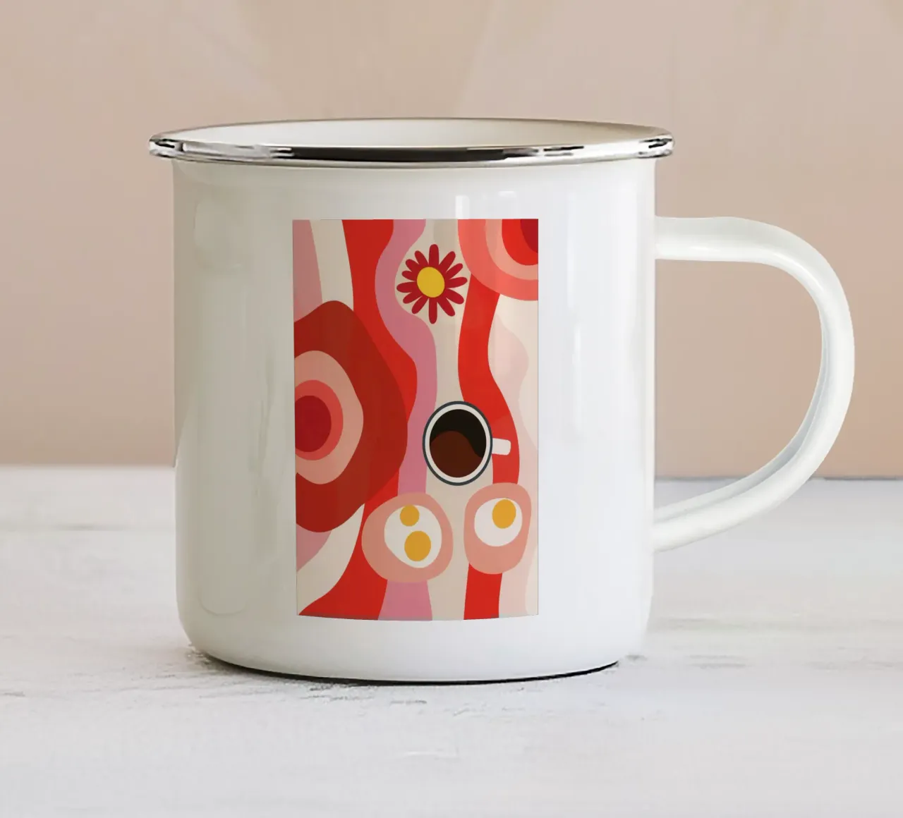 Kunstontbijt | Optimistisch 70s retro ontwerp emaille mok van Autofocus