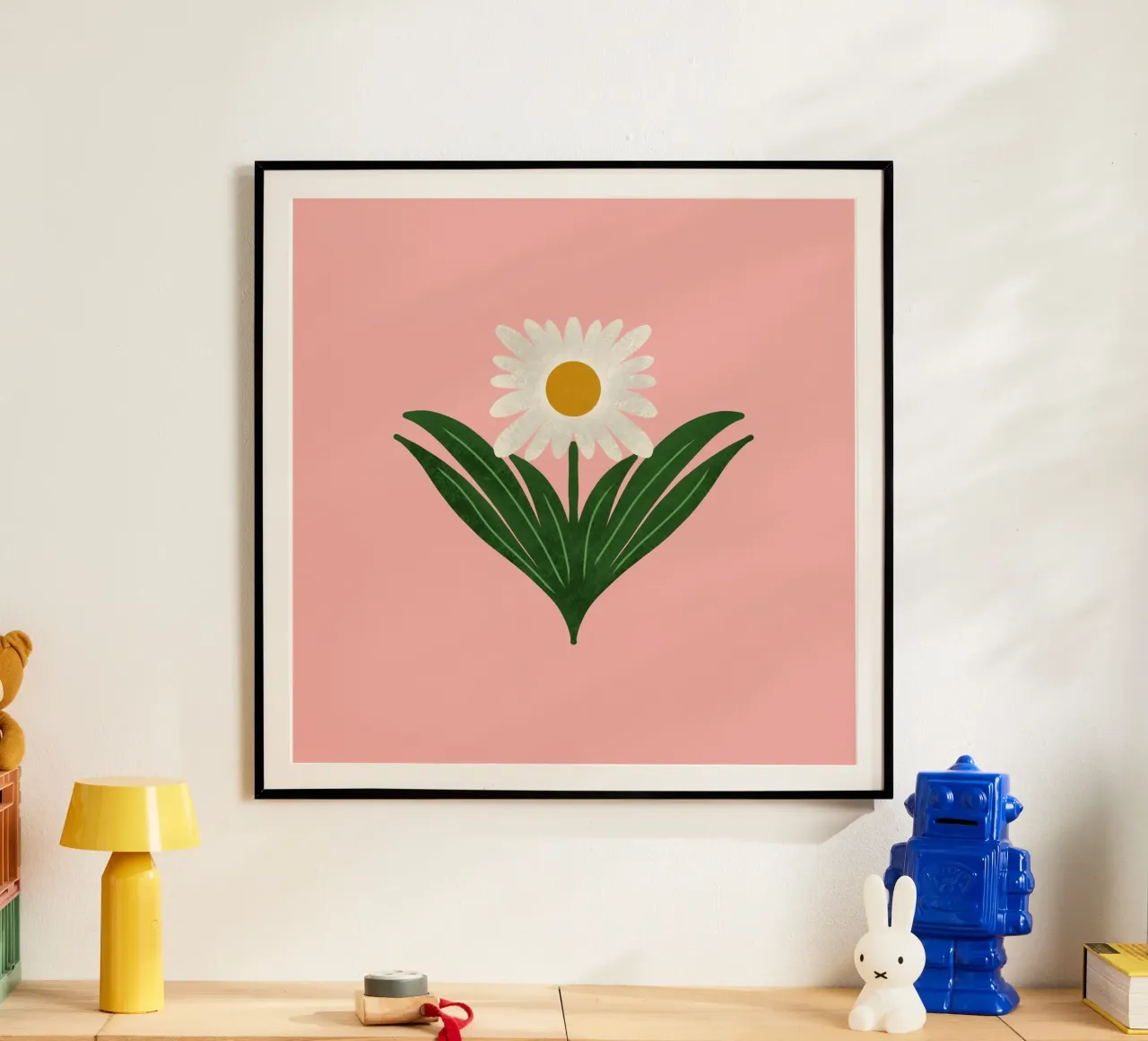 Margherita floreale retrò anni '70 su rosa - Mod Flower poster con telaio in legno da susanacosta