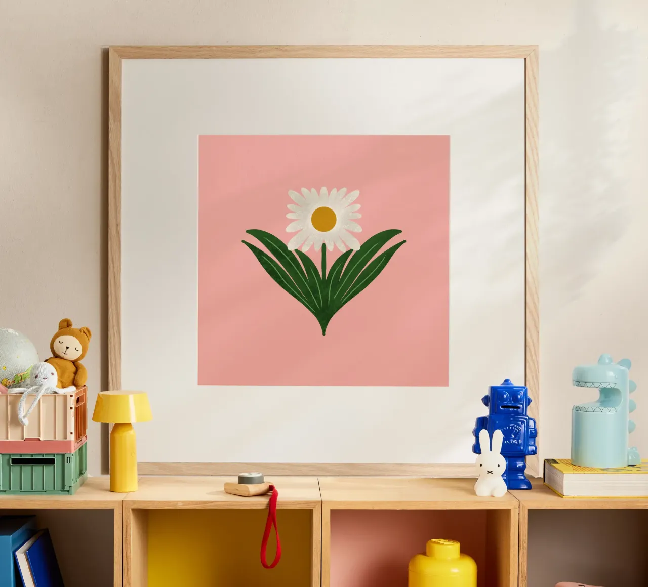 Margherita floreale retrò anni '70 su rosa - Mod Flower poster con telaio in legno da susanacosta