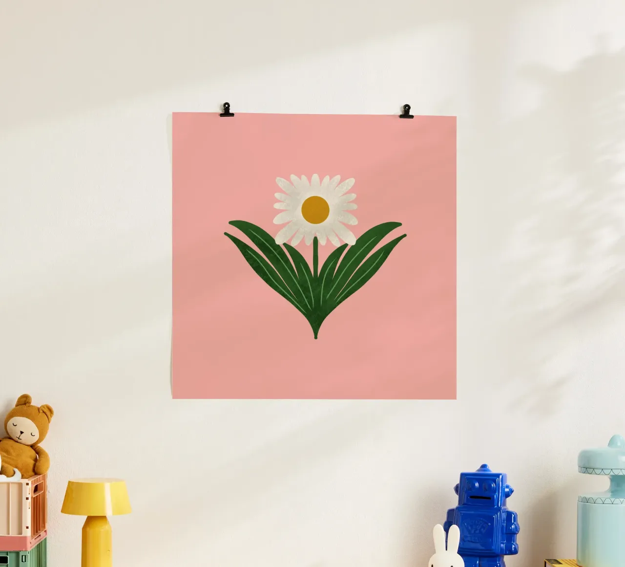 Margherita floreale retrò anni '70 su rosa - Mod Flower poster con telaio in legno da susanacosta
