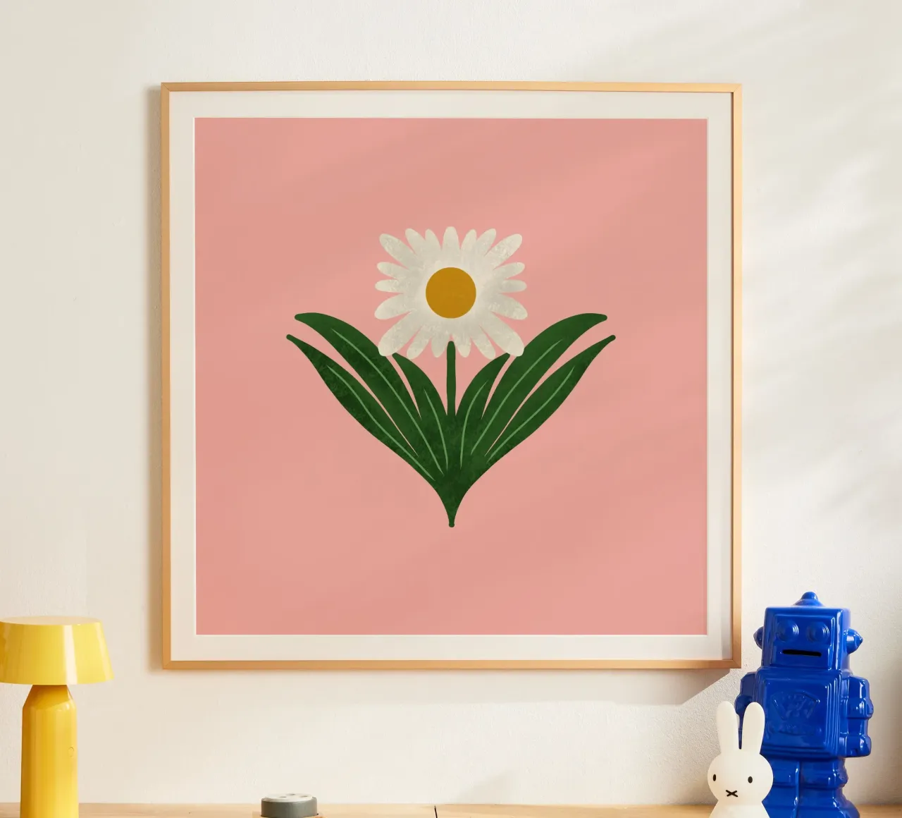 Margherita floreale retrò anni '70 su rosa - Mod Flower poster con telaio in legno da susanacosta