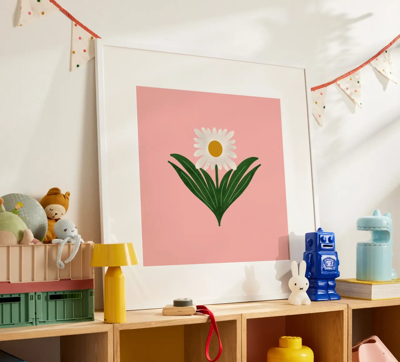 Margherita floreale retrò anni '70 su rosa - Mod Flower poster con telaio in legno da susanacosta