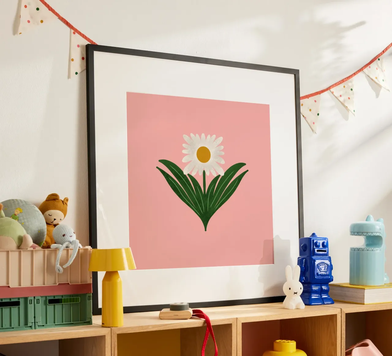 Margherita floreale retrò anni '70 su rosa - Mod Flower poster con telaio in legno da susanacosta