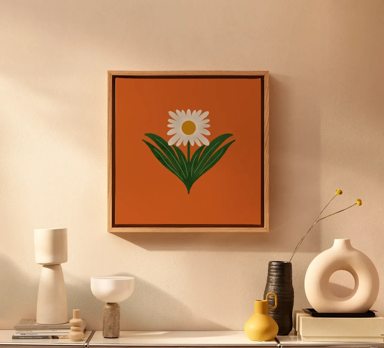 Margherita floreale retrò anni '70 su arancione - Mod Flower tela con Cornice a cassetta da susanacosta