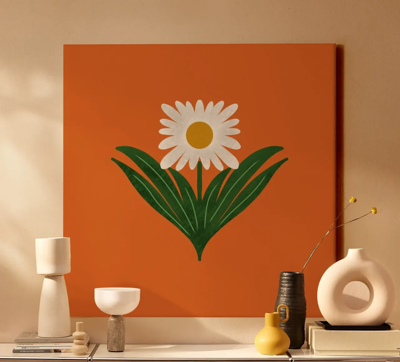 Margherita floreale retrò anni '70 su arancione - Mod Flower tela con Cornice a cassetta da susanacosta