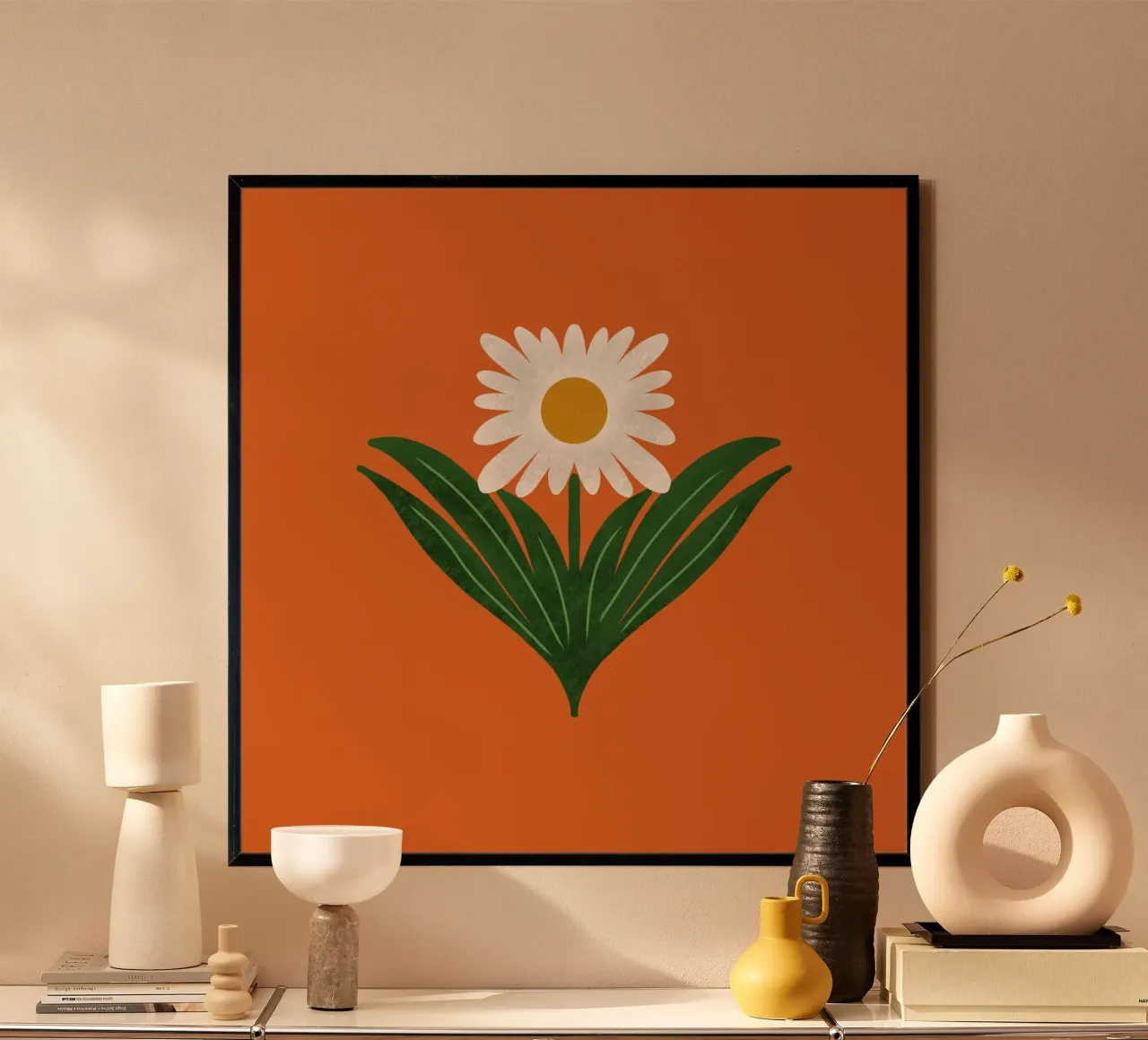 Margherita floreale retrò anni '70 su arancione - Mod Flower poster con telaio in alluminio da susanacosta
