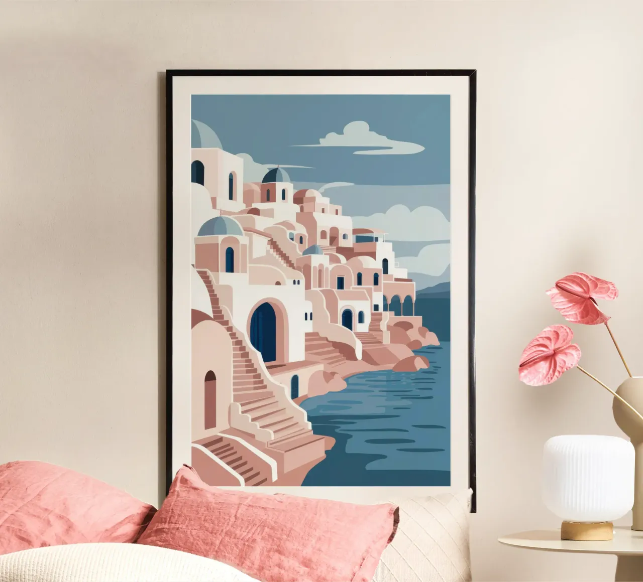 Gradini imbiancati in riva al mare poster con telaio in plastica da Orchid Patina