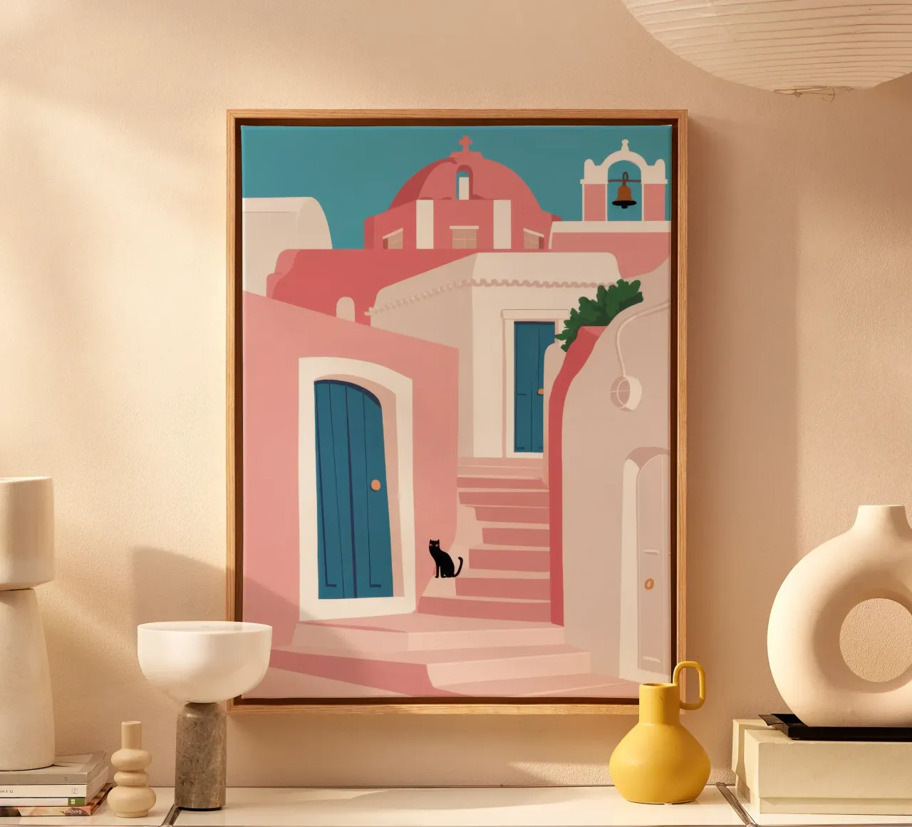Muro rosa, gatto nero tela con Cornice a cassetta da Wish Studio