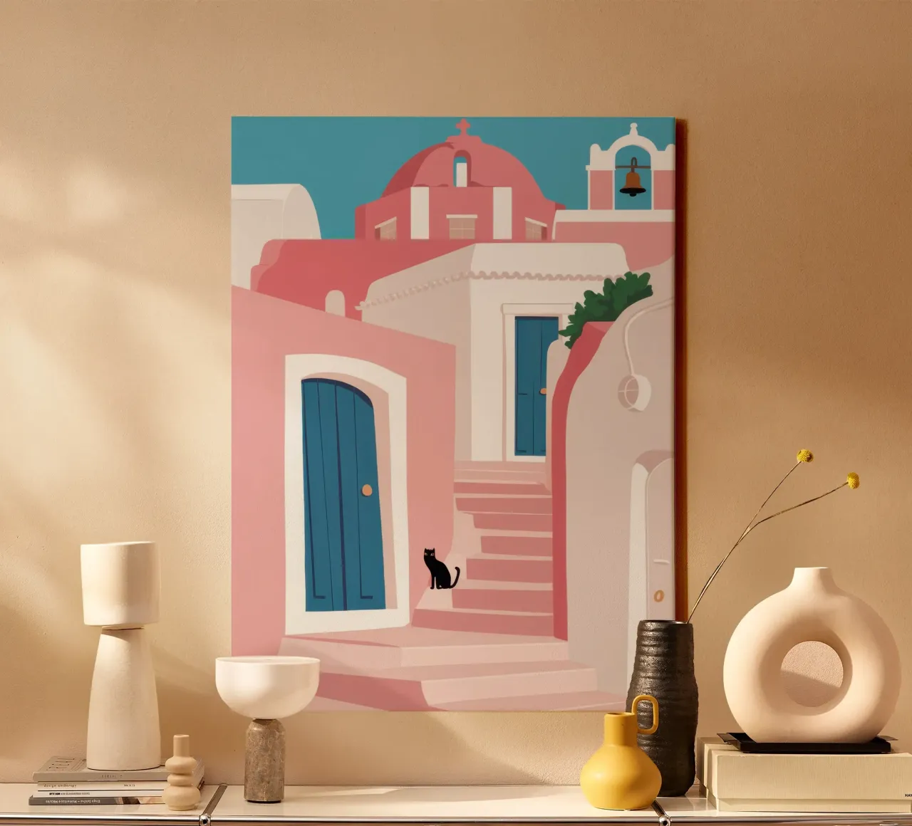 Muro rosa, gatto nero tela con Cornice a cassetta da Wish Studio