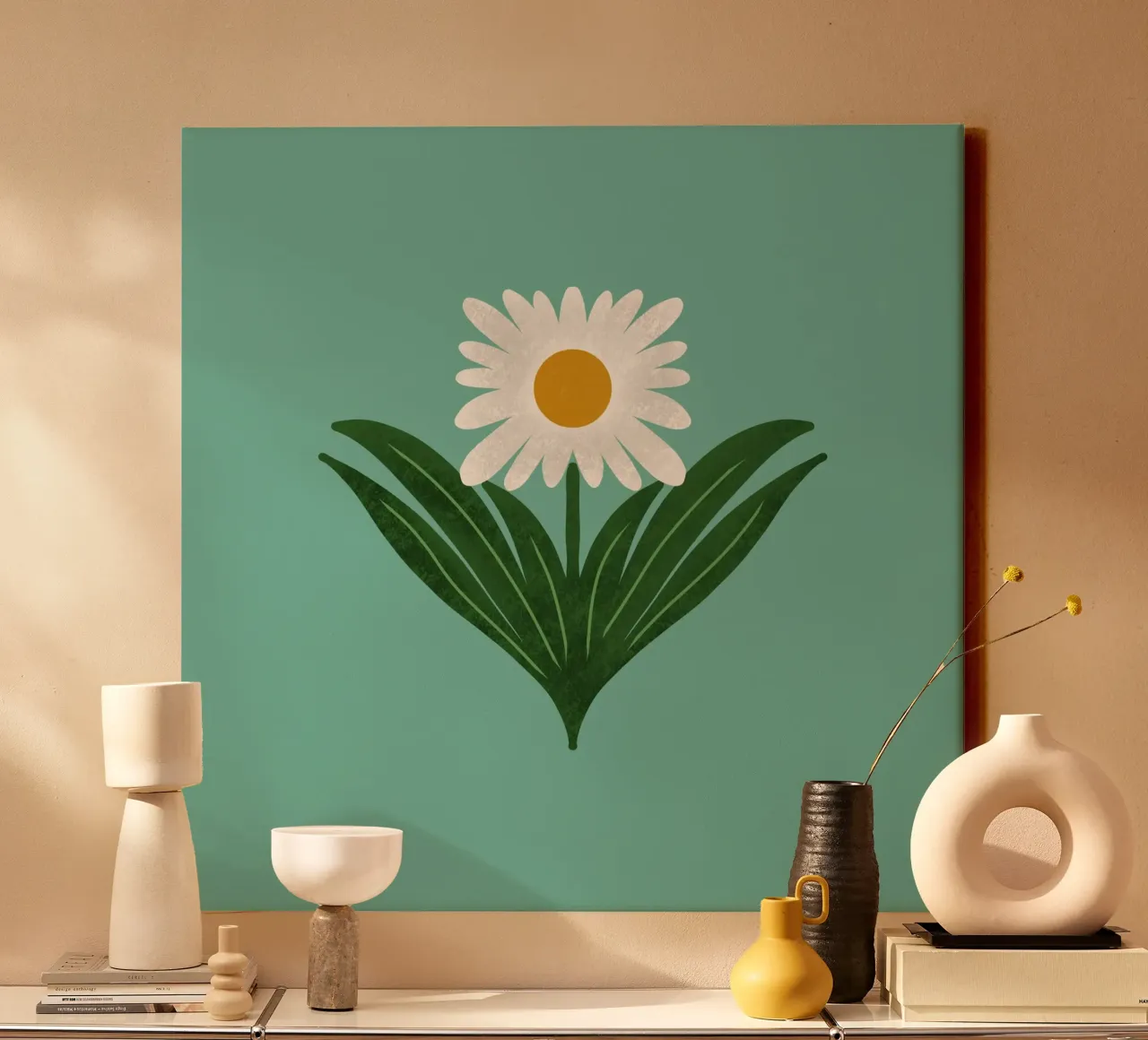 Margherita floreale retrò anni '70 su blu retrò - Mod Flower tela con Cornice a cassetta da susanacosta