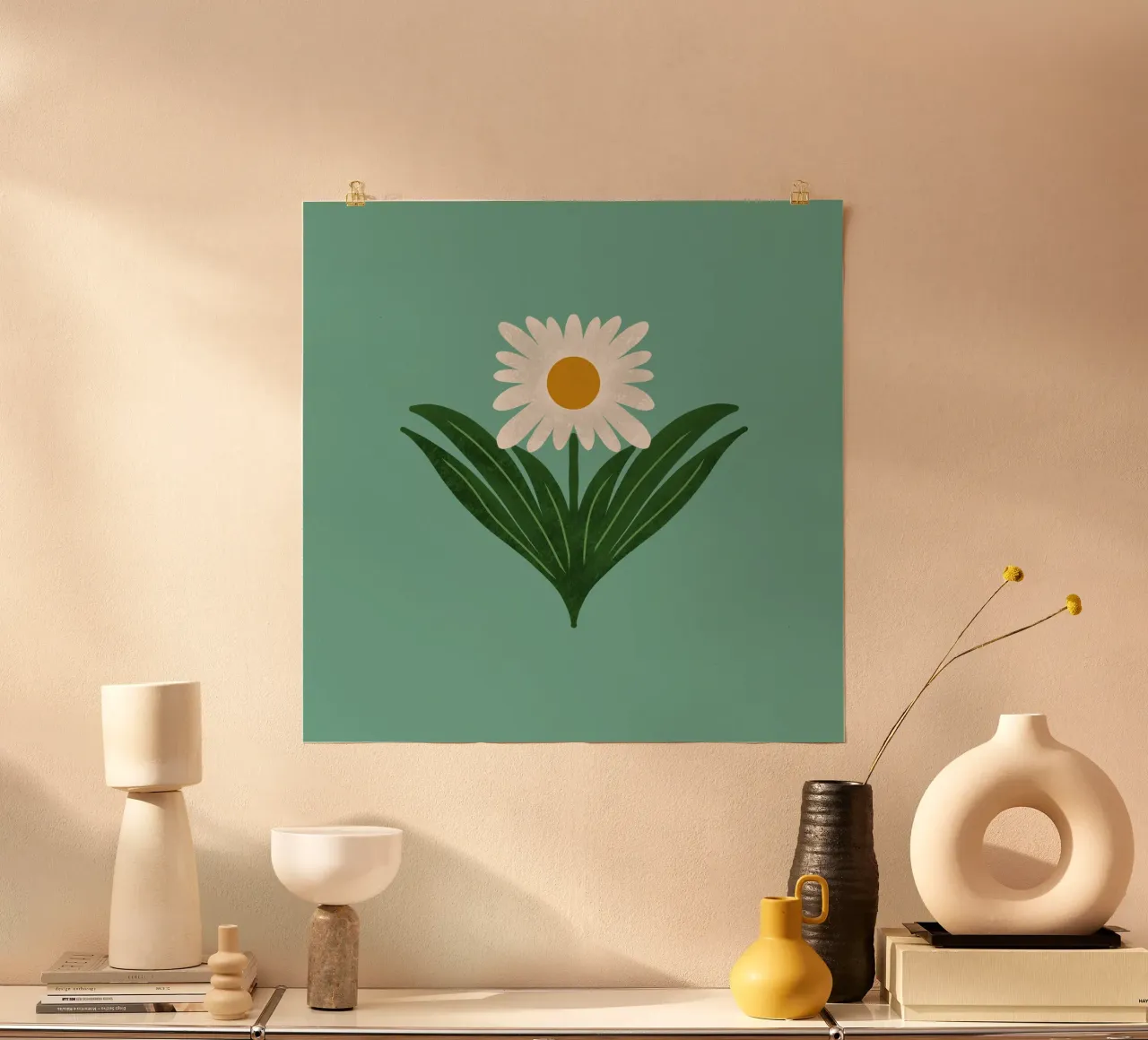 Margherita floreale retrò anni '70 su blu retrò - Mod Flower poster con telaio in alluminio da susanacosta