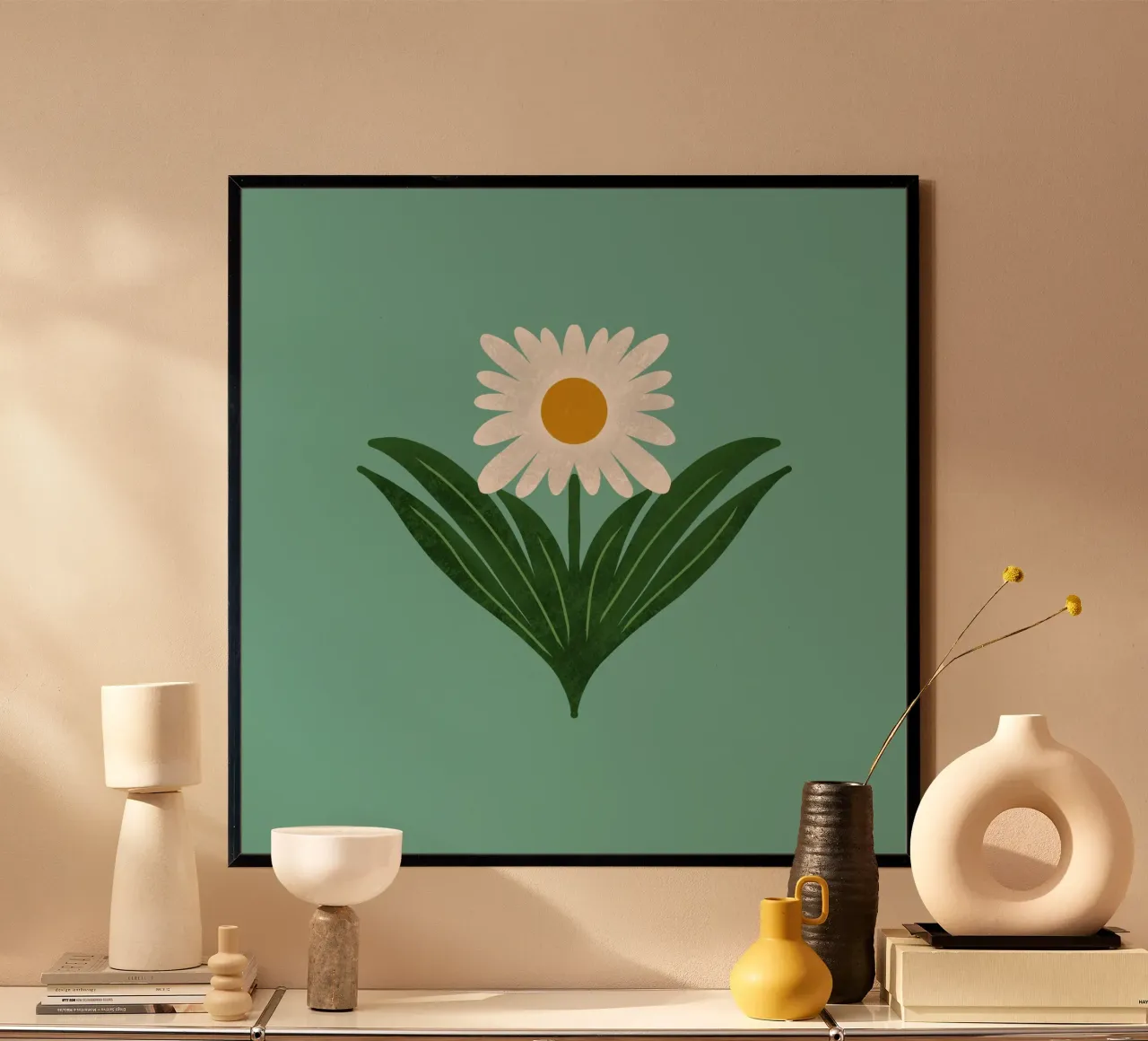 Margherita floreale retrò anni '70 su blu retrò - Mod Flower poster con telaio in alluminio da susanacosta