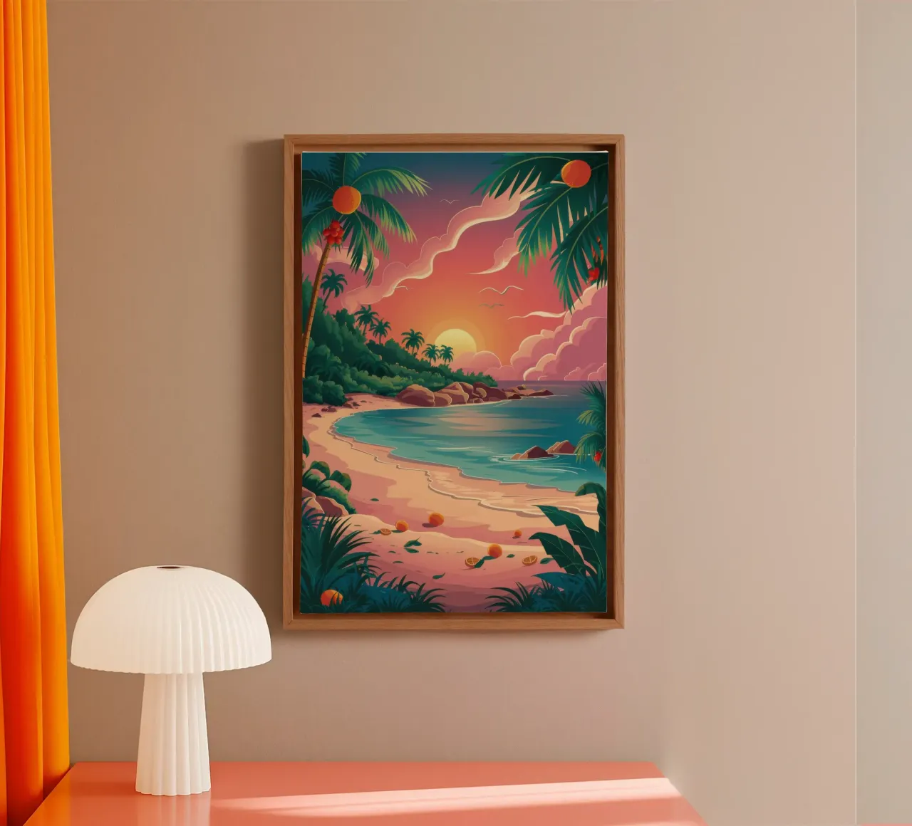 Karmijnrood strand schemering canvas met Baklijst van Enter Bloom