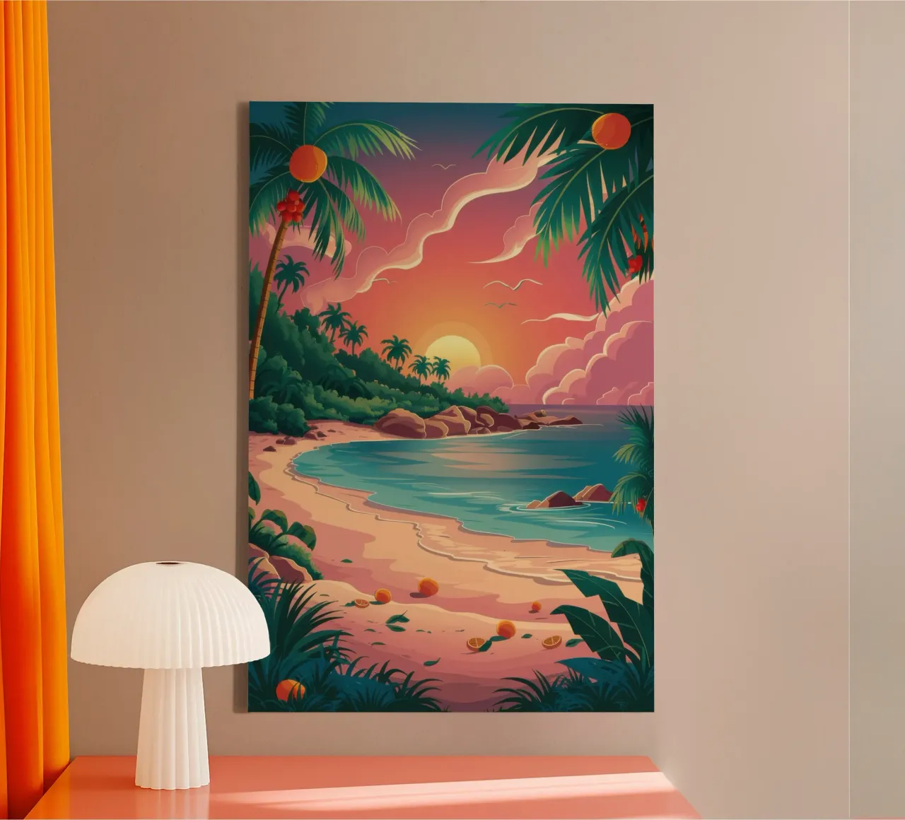 Karmijnrood strand schemering canvas met Baklijst van Enter Bloom