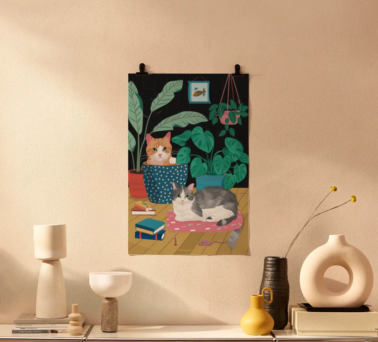 Santuario dei pisolini dei gatti poster con telaio in legno da Wish Studio