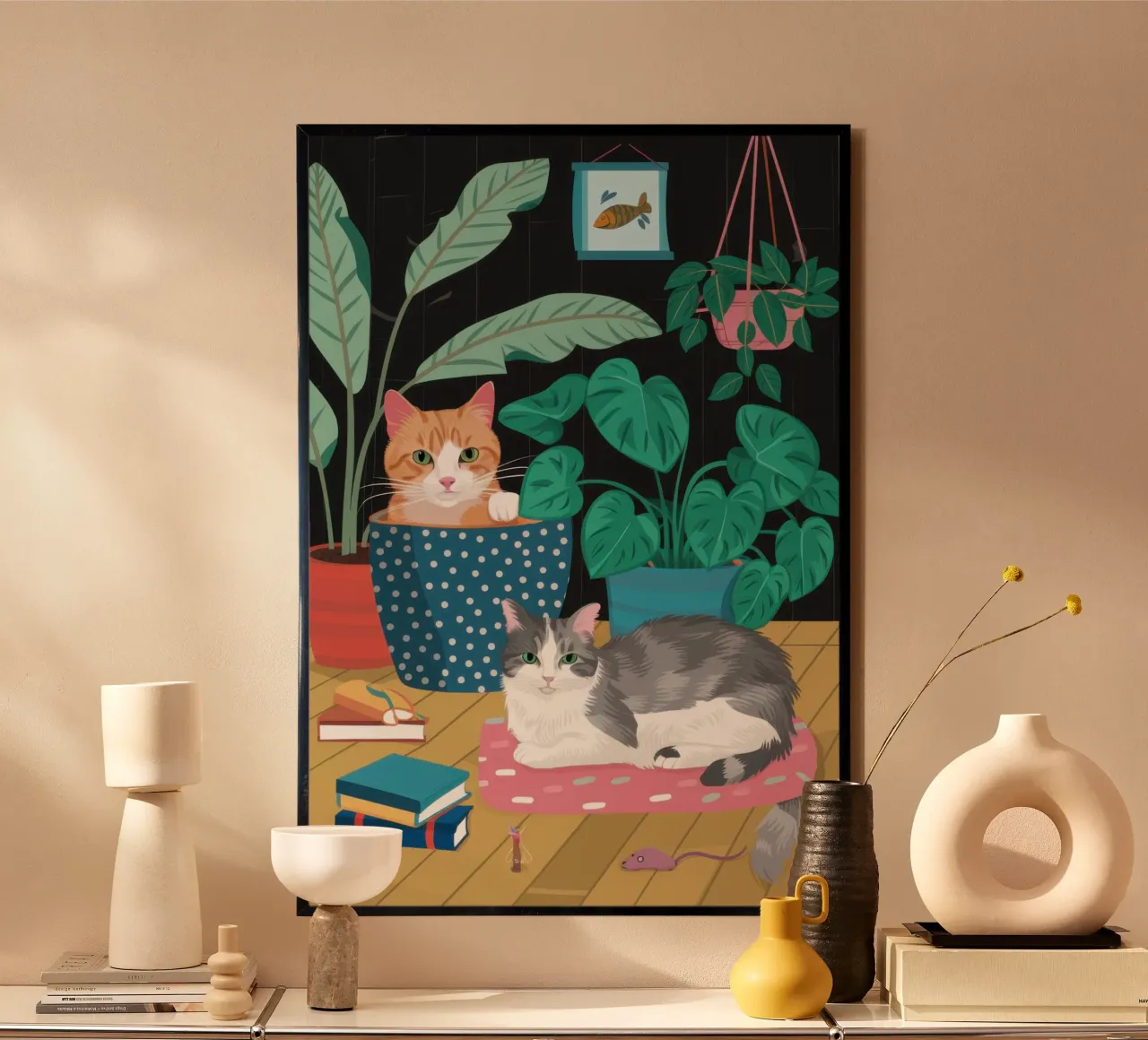 Santuario dei pisolini dei gatti poster con telaio in legno da Wish Studio