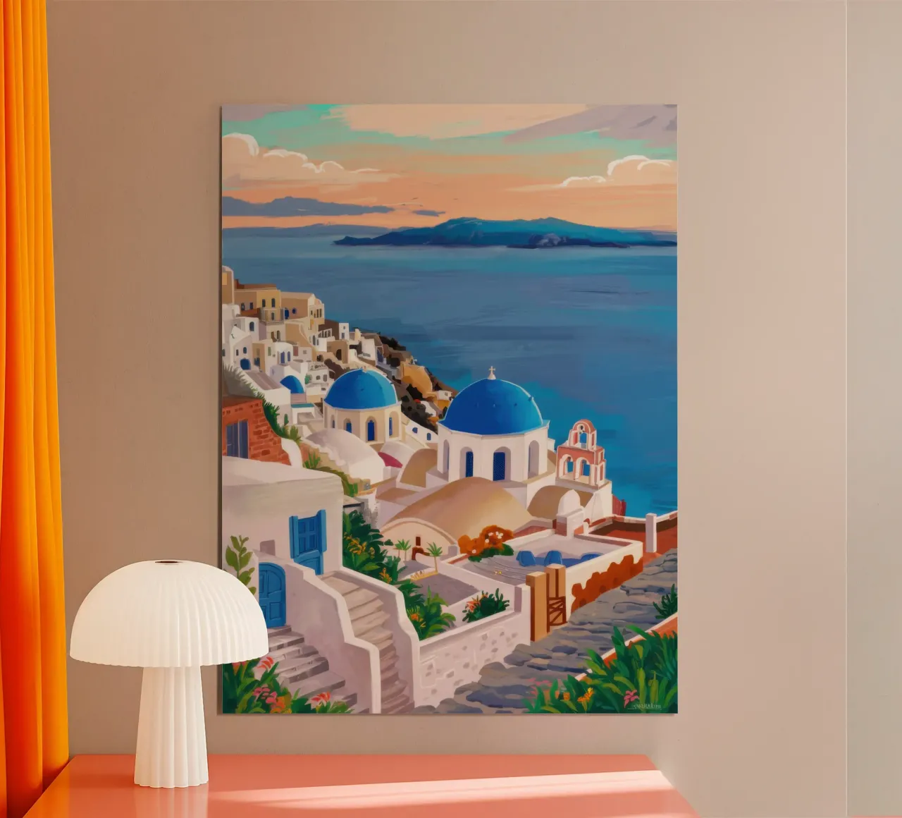 Serenidad al atardecer en Santorini poster de Orchid Patina