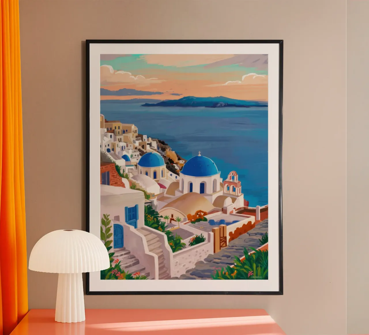 Serenidad al atardecer en Santorini poster de Orchid Patina
