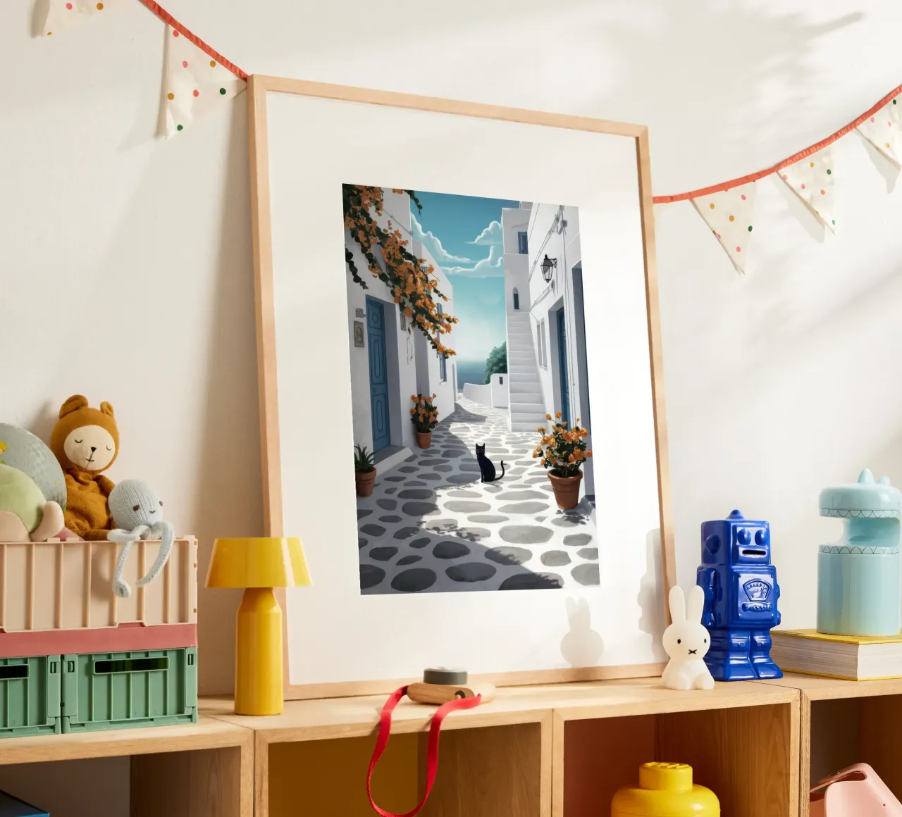 Vicolo dei gatti greci poster con telaio in alluminio da Moon Revolver