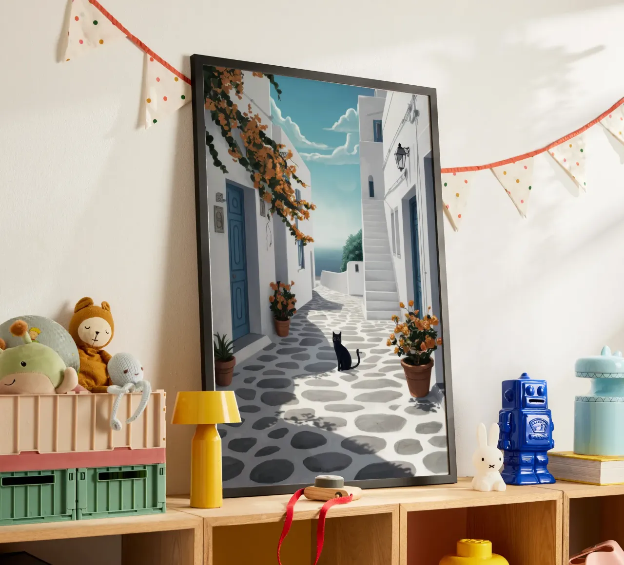 Vicolo dei gatti greci poster con telaio in alluminio da Moon Revolver