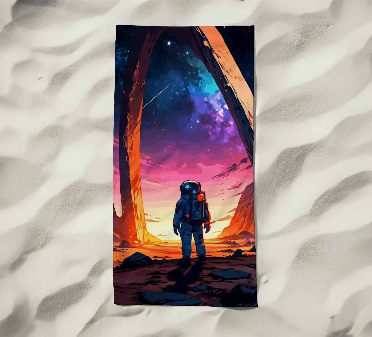 Astronauta su pianeta alieno con cielo cosmico telo mare da artdesign1985