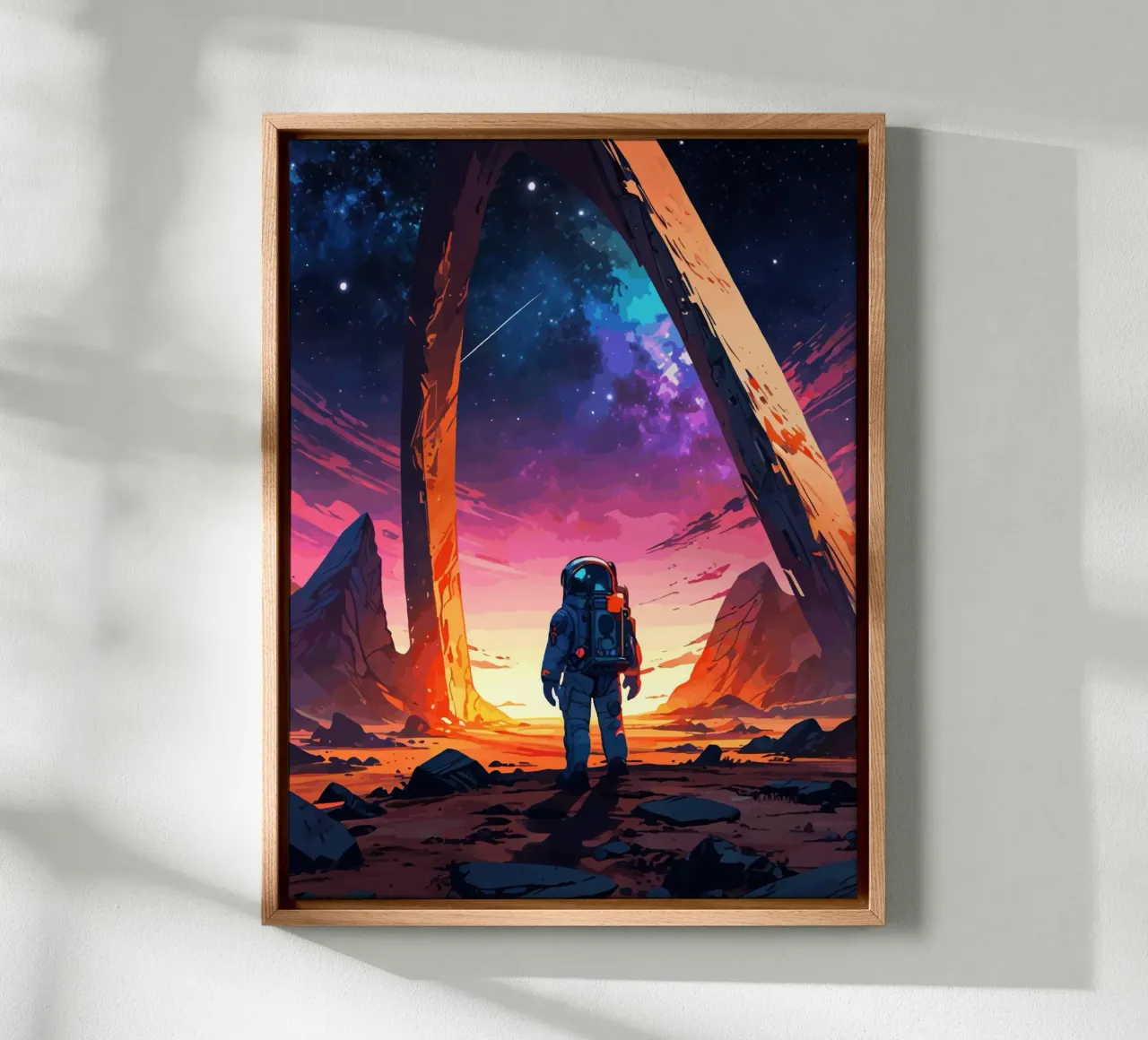 Astronaut auf fremdem Planeten mit kosmischem Himmel Leinwand mit Schattenfugenrahmen von artdesign1985