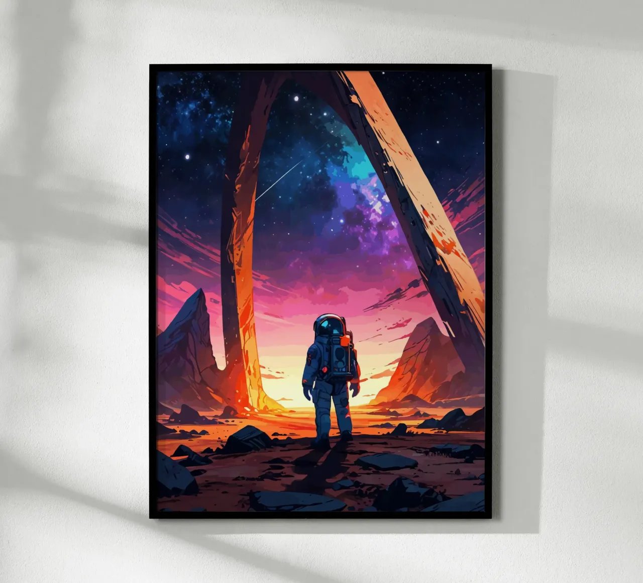 Astronaut on Alien Planet with Cosmic Sky poster by artdesign1985