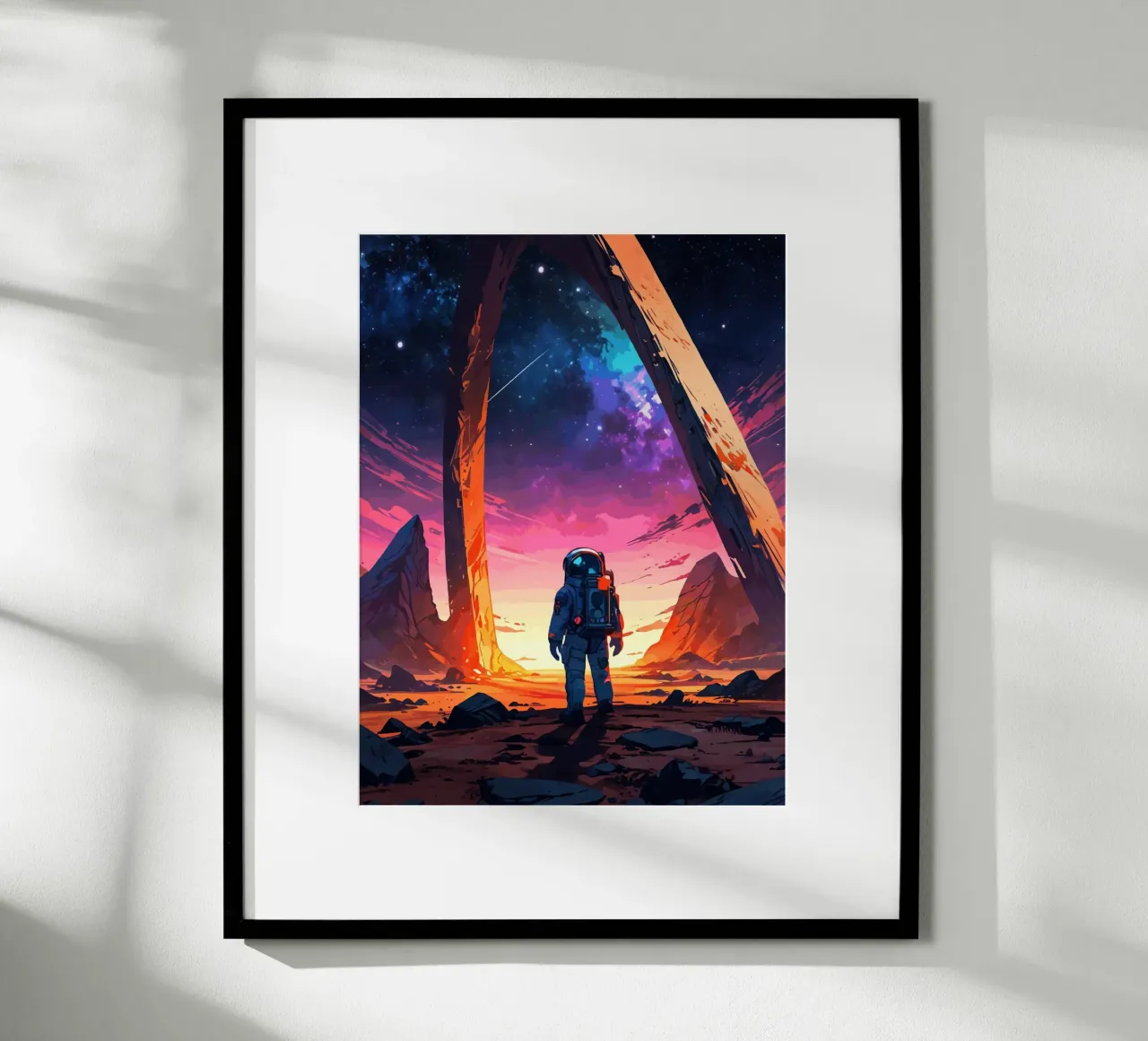Astronaut on Alien Planet with Cosmic Sky poster by artdesign1985