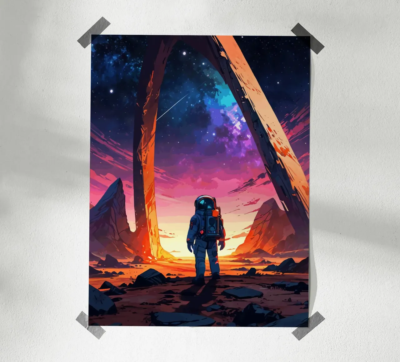 Astronaut on Alien Planet with Cosmic Sky poster by artdesign1985