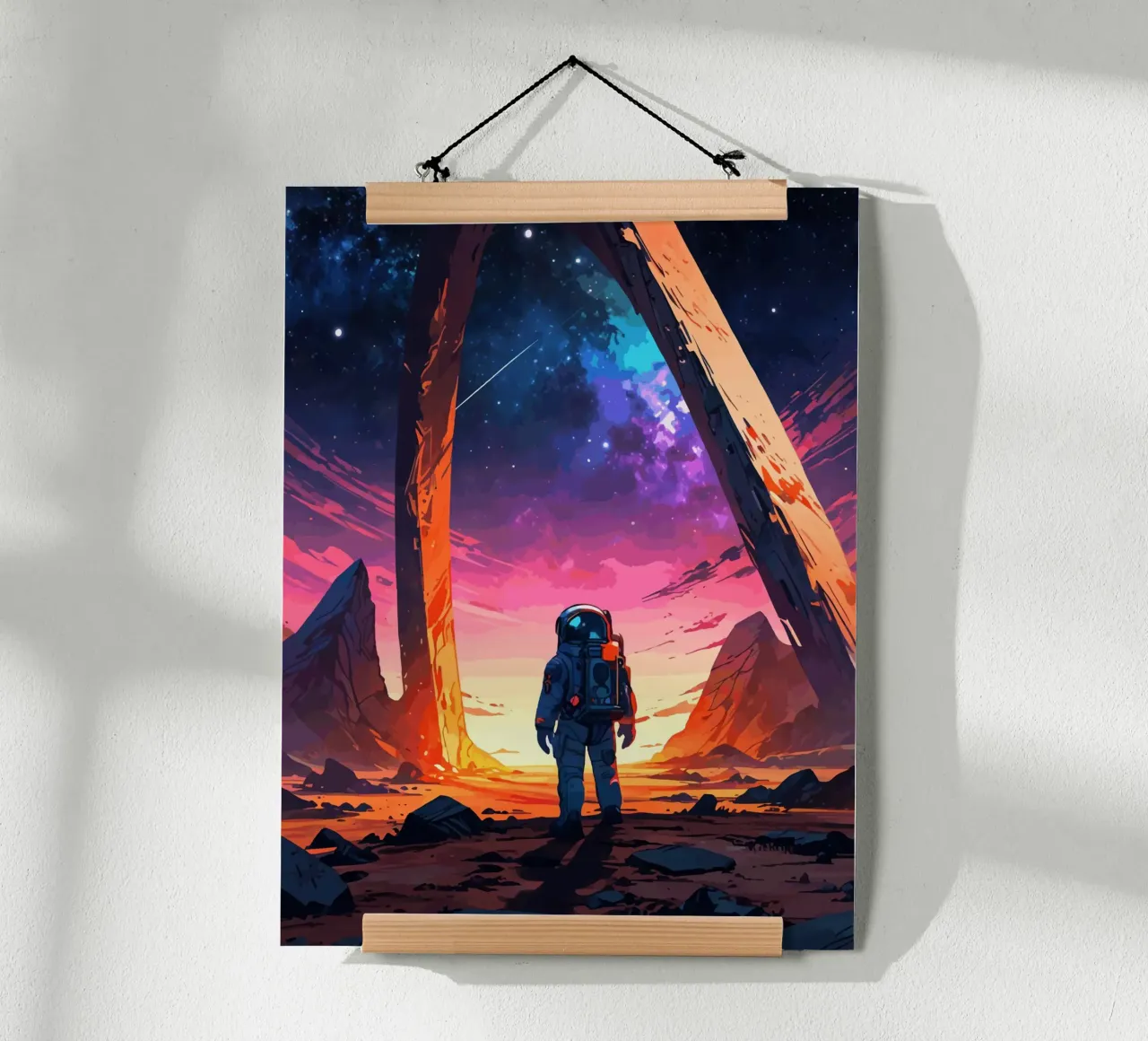 Astronaut on Alien Planet with Cosmic Sky poster by artdesign1985