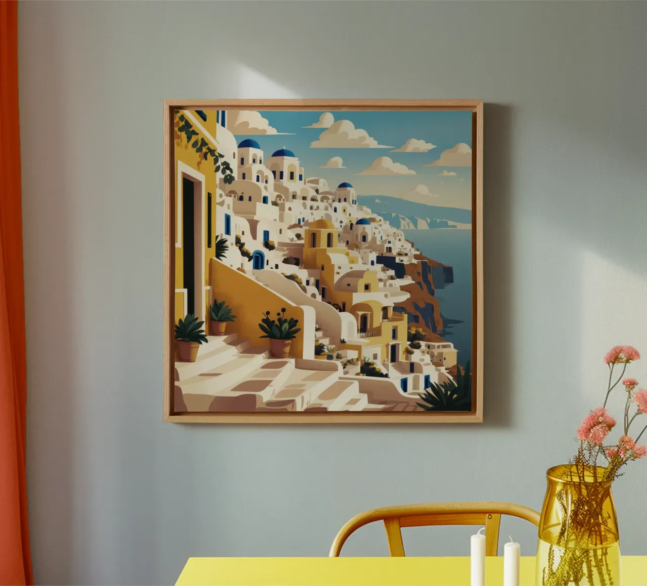 Santorini Sunlit Steps canvas with Floater frame by Echo Saber