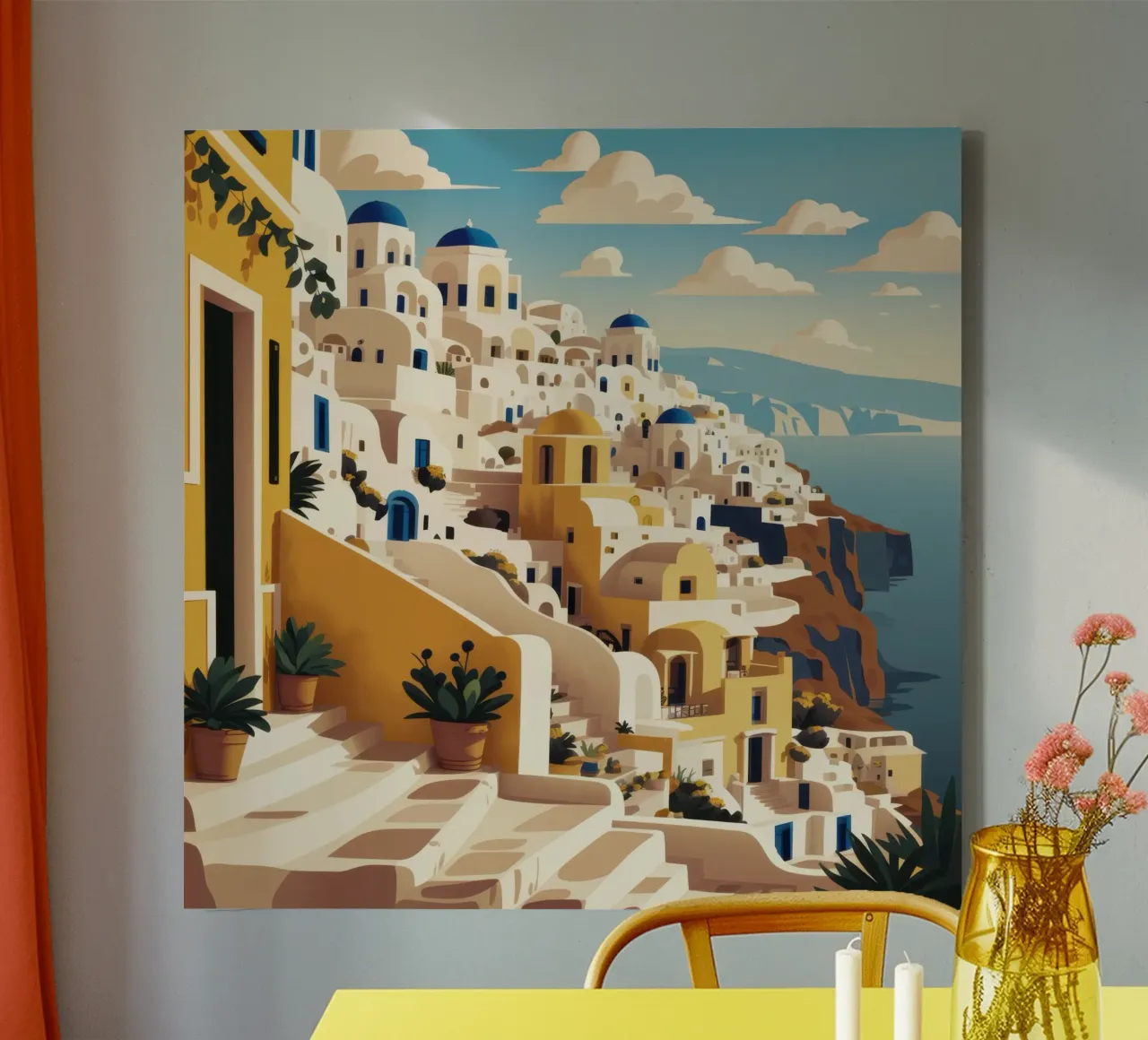 Santorini Sunlit Steps canvas with Floater frame by Echo Saber