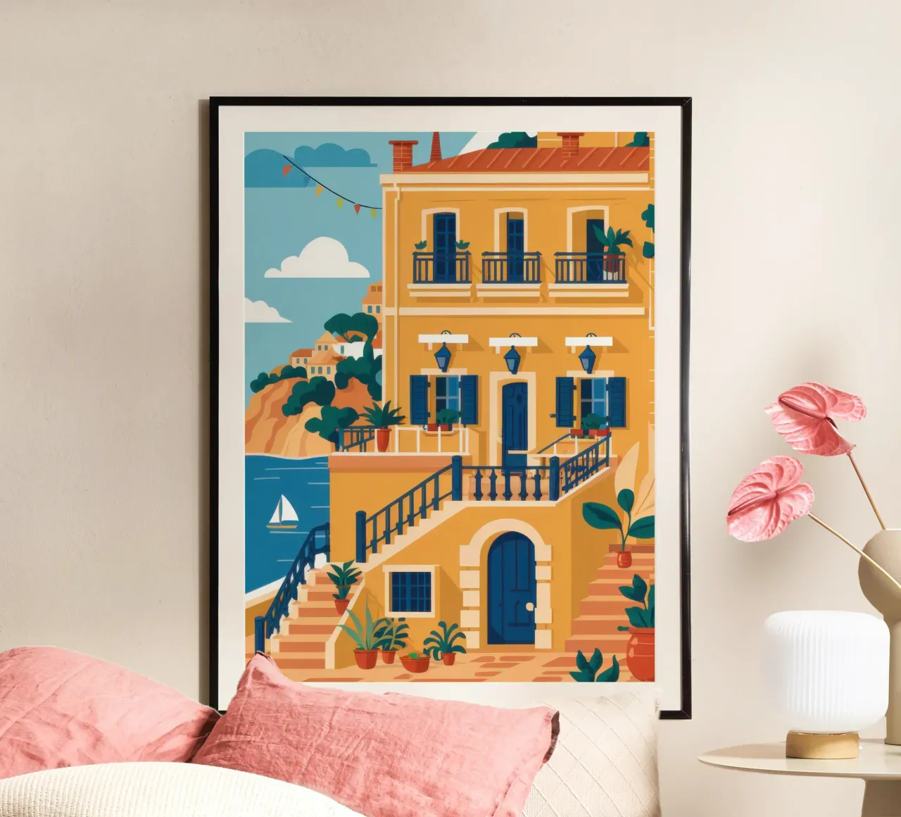 Scala della villa costiera poster con telaio in plastica da Echo Saber