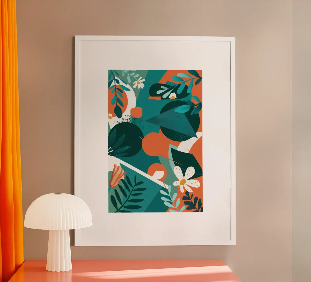 Foglie verde acqua e arancione poster con telaio in legno da Wish Studio
