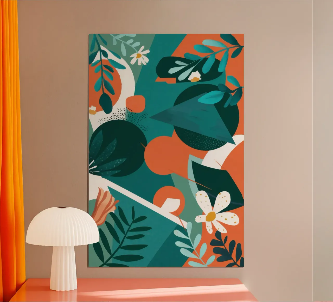 Foglie verde acqua e arancione poster con telaio in legno da Wish Studio