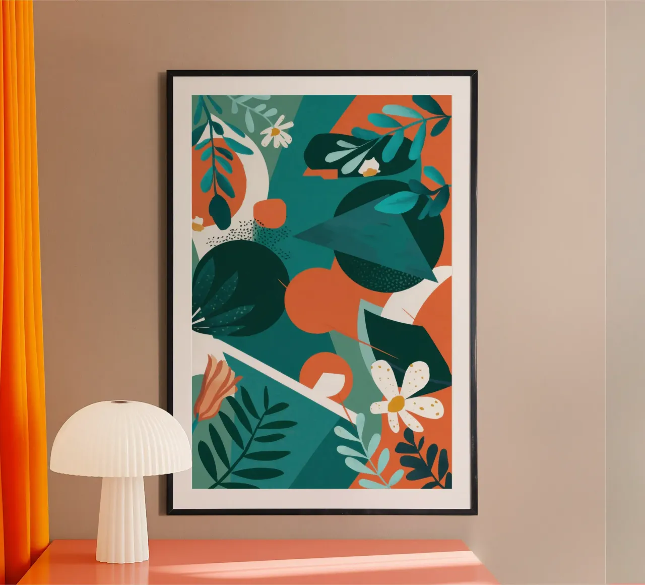 Foglie verde acqua e arancione poster con telaio in legno da Wish Studio