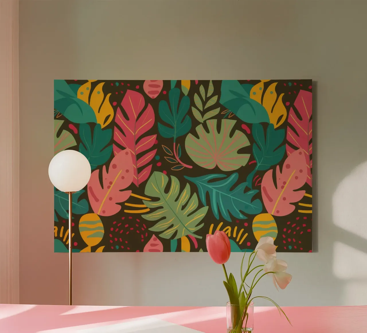 Crimson Tropic Pattern canvas with Floater frame by Wish Studio